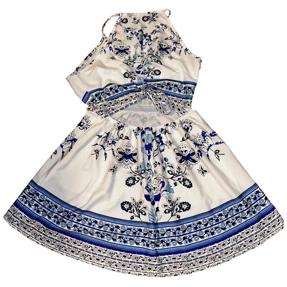 New Gliget Back Tie Blue & White Floral Halter Dress Women's Large (8/10) - Picture 4 of 7